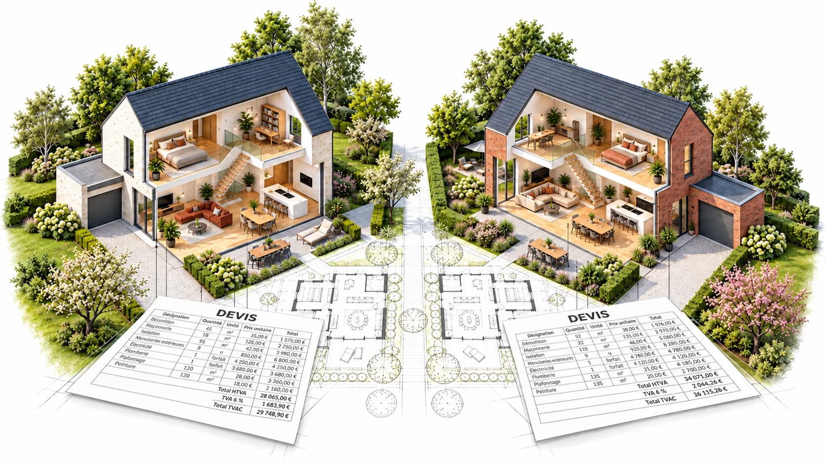 Deux maisons en coupe, chacune accompagnée de son devis de travaux, pour comparer deux devis de construction ou de rénovation poste par poste