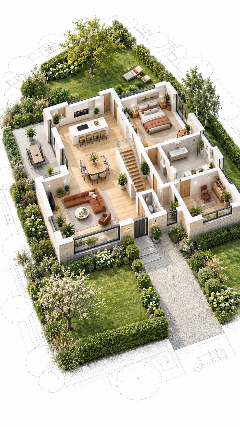Plan en relief d'une maison de plain-pied et de son jardin, illustration du dépôt d'un devis de travaux pour analyse