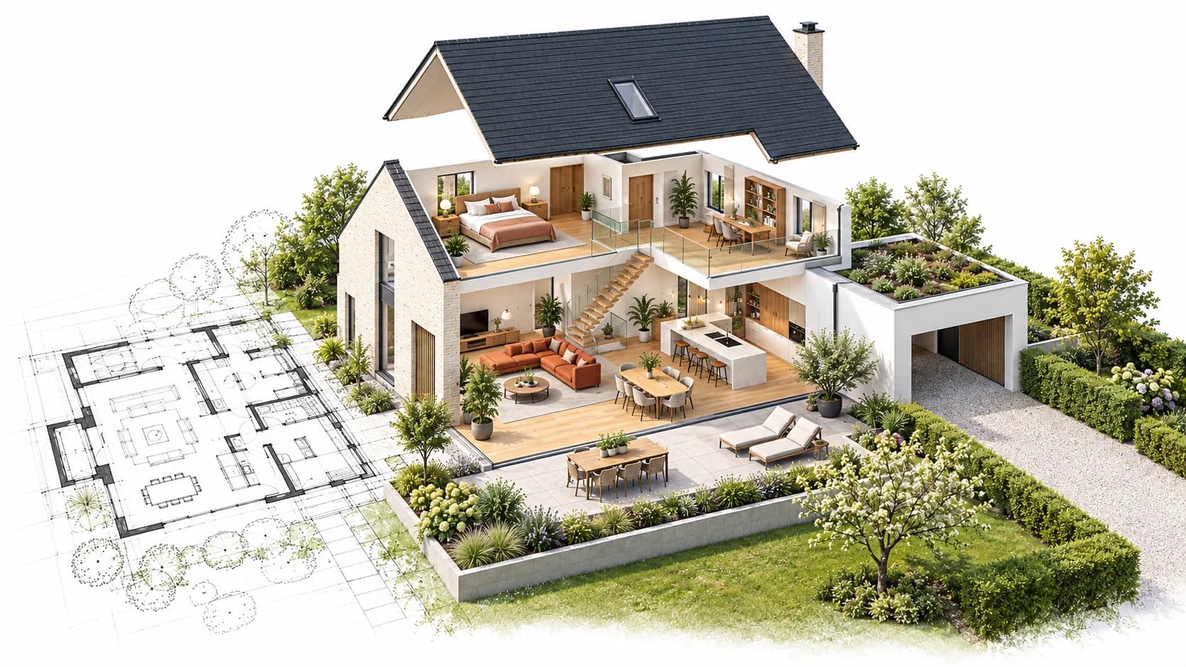 Maison en coupe avec ses pièces, sa terrasse et son plan au sol, illustration de la note de A à E donnée à un devis de travaux